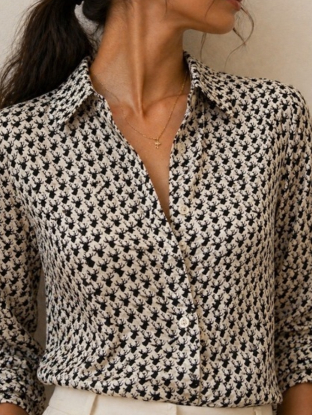 ANN TAYLOR Silk Blouse M White Black Antler Deer Print Roll Tab Button